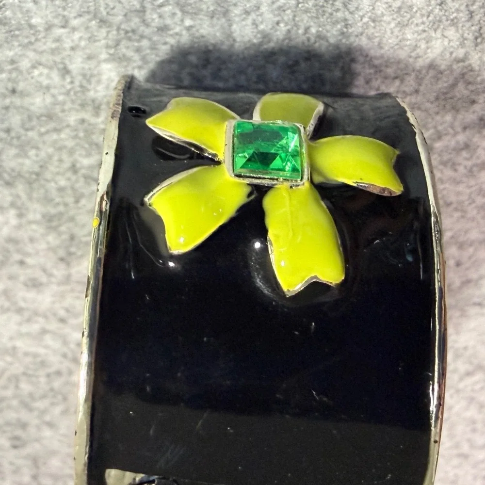 Black Enamel Flower‎ Cuff Bracelet Blue Green Rhinestone Statement Wide Bangle